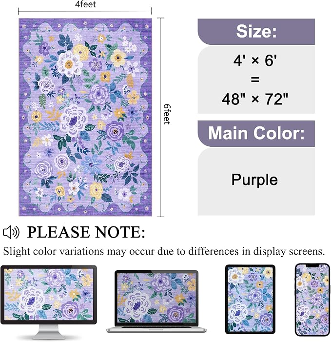 DUKINO 4x6 Area Rug, Floral Washable Rug Non Slip Office Chair Mat, Stain - Image 2