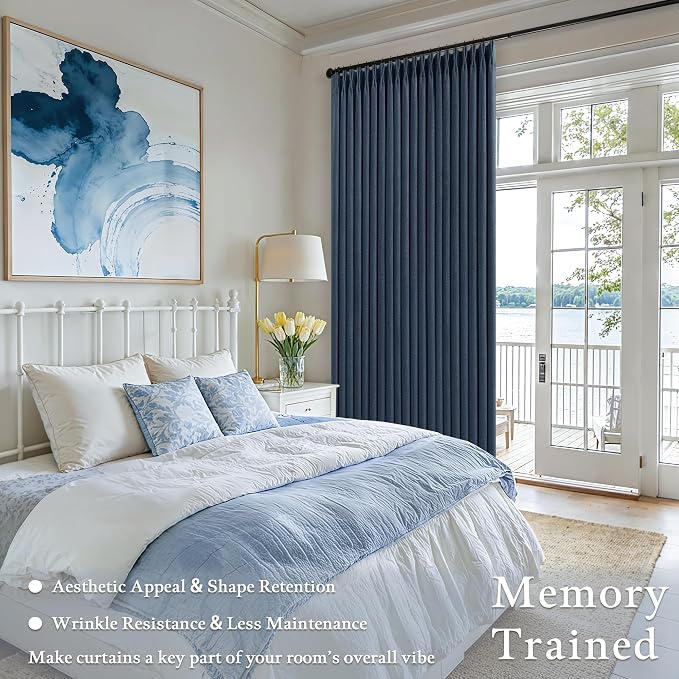 Navy Blue 108 Inch Pinch Pleated Blackout Linen Bedroom Curtains 2 Panels | - Image 5