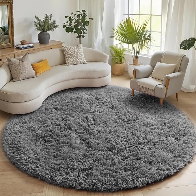 Grey Round Area Rugs 6ft, Fluffy Gray Soft Bedroom Circle Rug by ONASAR