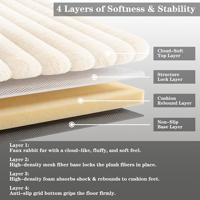 Creamy White Rabbit Striped Plush Rug 6'x9', Fluffy Faux Fur Shaggy Area Rug - Image 4