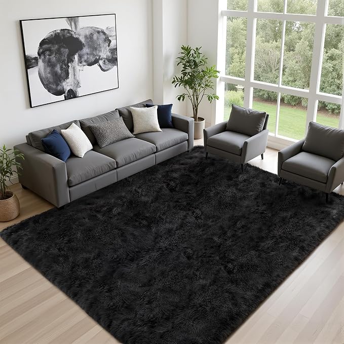 9x12 Area Rug Living Room Bedroom: Fluffy Plush Shag Carpet Black | - Image 2