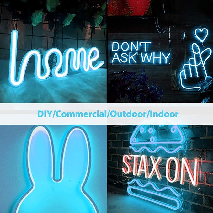 Lamomo LED Neon Lights, 16.4ft Ice Blue LED Strip Light, 12V 0.39In/Cut Silicone Waterproof Neon Rope Light for Bedroom Indoor Outdoor Decoration（Power Adapter not Included）