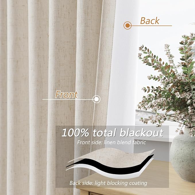 100% Blackout Linen Curtains for Bedroom 90 inches Long, Thermal Insulated Room - Image 4