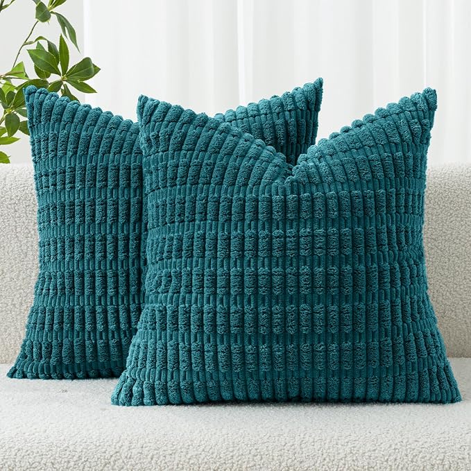 MIULEE Corduroy Decorative Throw Pillow Covers 20x20 Teal Pack of 2 | Soft Boho by MIULEE