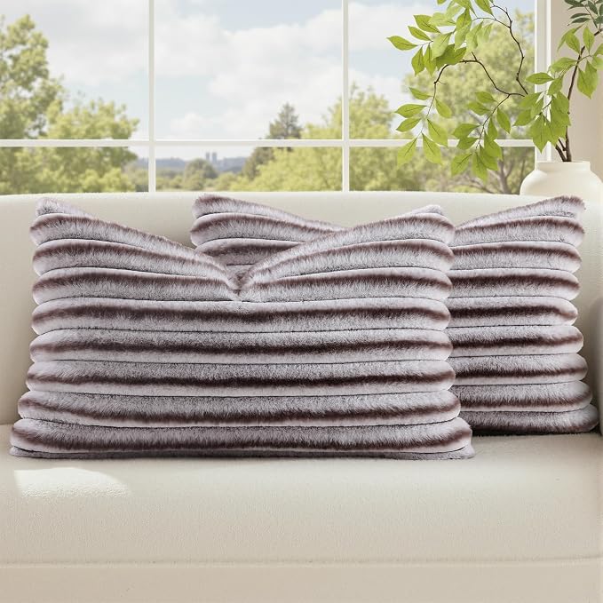 decorUhome Fall Faux Fur Throw Pillow Covers 12x20 Set of 2 Brown White | by decorUhome