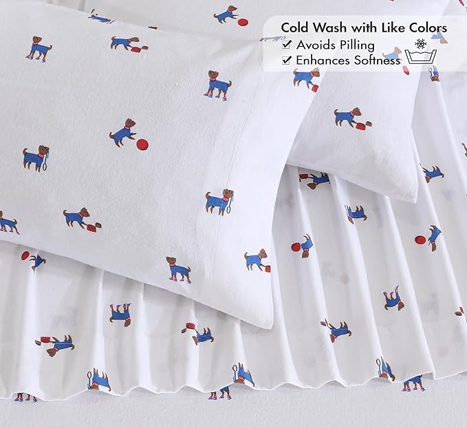 RUVANTI Flannel Sheets Queen Size - 100% Cotton Double Brushed Bed Sheets, Deep Pockets 16 Inches Queen Sheet Set, All Seasons Breathable & Extra Soft - Warm & Cozy, 4 Piece, Puppy Playoff