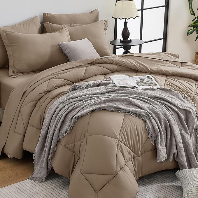 HEVUMYI Khaki King Comforter Set - 7-Piece All Season Bed in a Bag King, Ultra Soft Bedding Set with Comforter, Flat Sheet, Fitted Sheet, Pillowcases, Pillow Shams