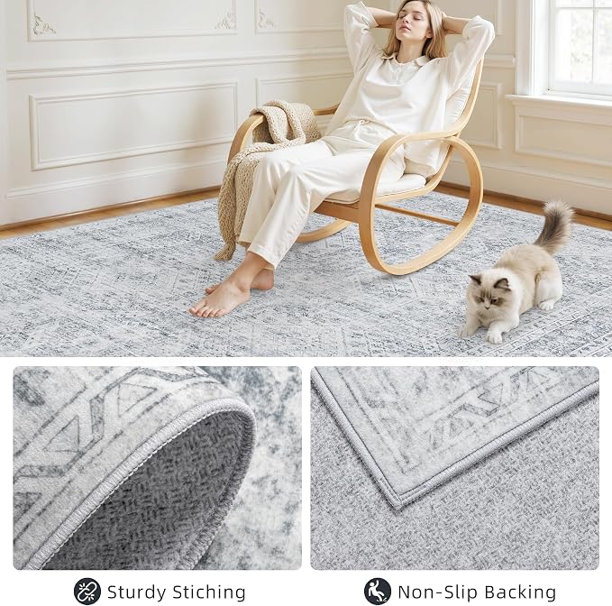 10x14 Area Rugs Living Room: Bedroom Neutral Washable Carpet Gray | Vintage - Image 4