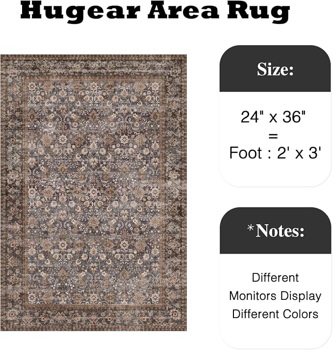 2x3 Brown Blue Vintage Floral Washable Area Rug - Image 2