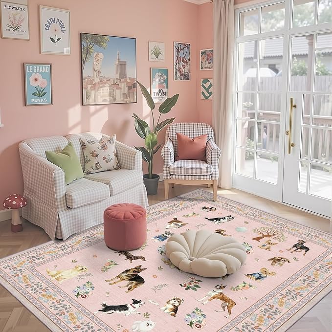 Pink Floral Area Rug 4x6 for Bedroom Dining Room | Low Pile; Non Slip;Machine - Image 3