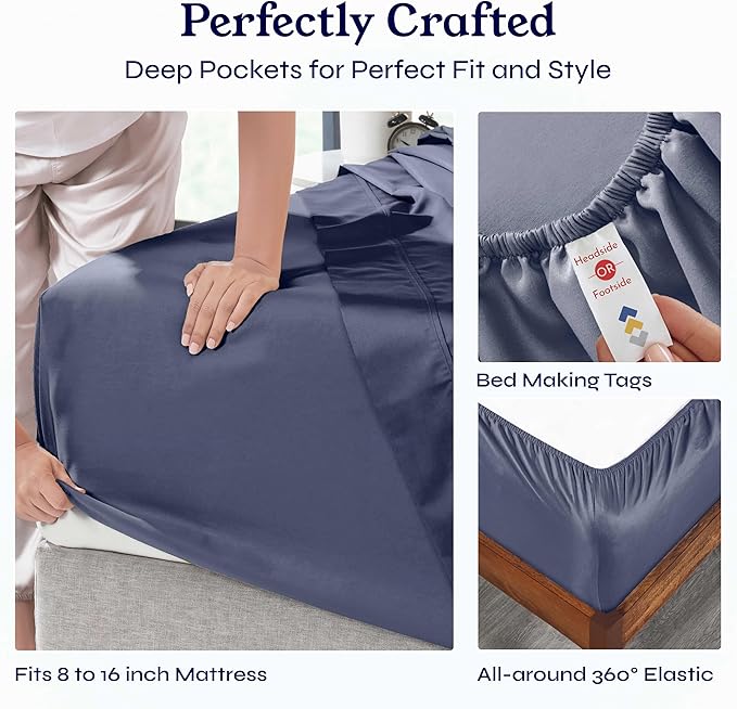 California Design Den Natural 100% Cotton Cooling Sheets for Queen Size Bed - Soft 400 Thread Count Sateen, Deep Pockets with All Around Elastic for a Snug Fit, Durable Bedding - Indigo Dusty Blue