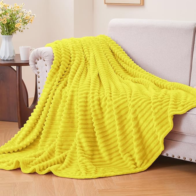 BEDELITE 3D Ribbed Jacquard Yellow Fleece Twin Blanket - Image 2