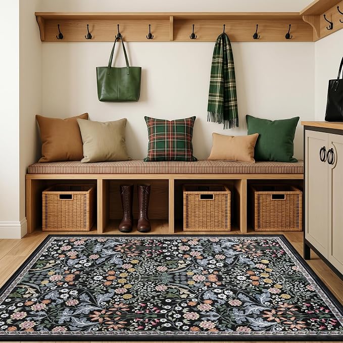 PLHXFR Area Rug Living Room: 3x5 Floral Washable Boho Carpet Dark Black | - Image 5