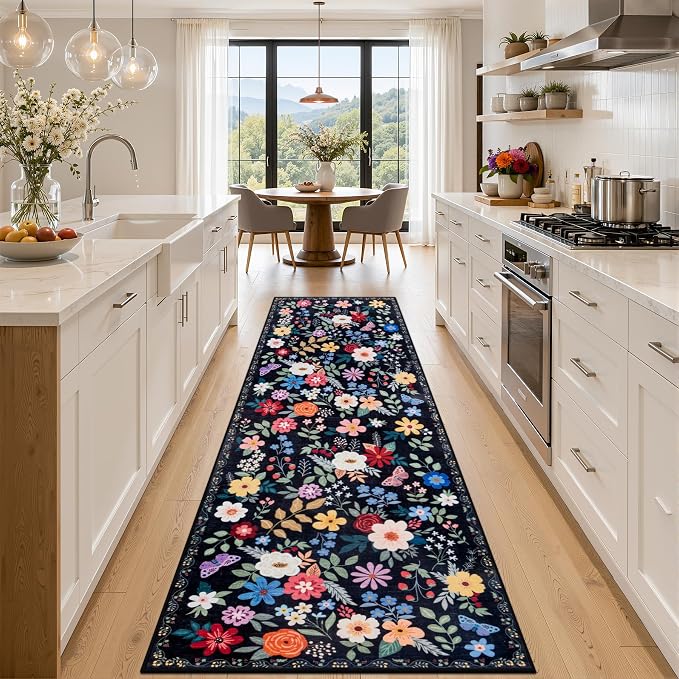 PLHXFR 2.6x10 Washable Runner Rug：Floral Indoor Kitchen Soft Carpet Black | by PLHXFRSoftAreaRugs