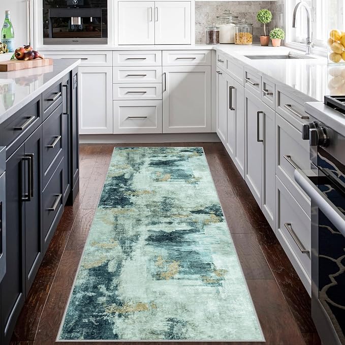 Runner Rugs for Hallways Kitchen 2.6x8 Non Slip Washable Teal Grey Gold | - Image 3