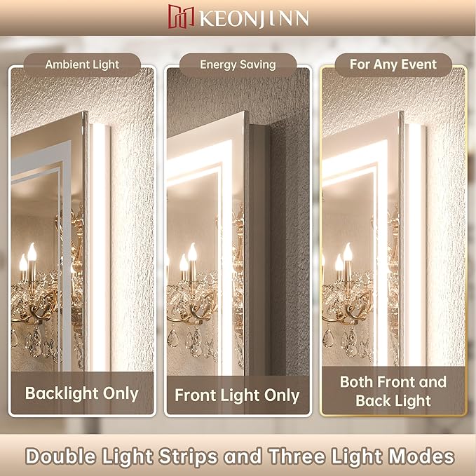 Keonjinn LED Bathroom Mirror 32" x 36" Frontlit and Backlit, Large Stepless 3 Colors Temperature & Dimmable Wall Mirror, UL Listed LED Driver Double LED Strip, Anti-Fog Frameless Tempered Glass Mirror