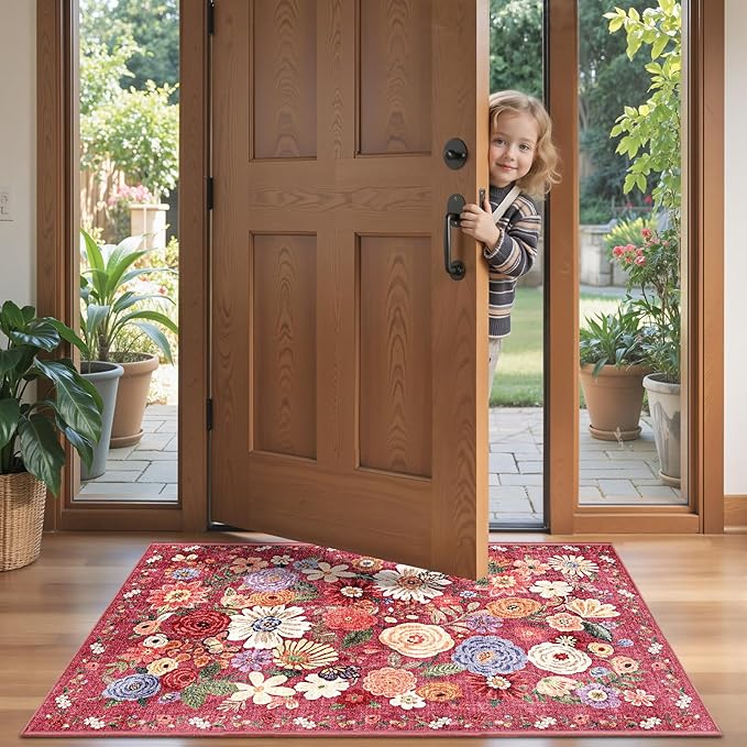 Red Floral Hallway Runner Rug 2x5 - Image 5