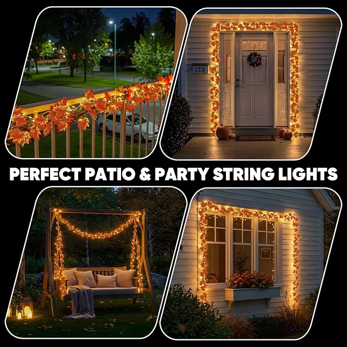 suddus Vine with Fairy Lights Battery Operated, 33ft 100 LED Maple Leaf String Lights with Remote, Dimmable Fall Garland with Lights for Bedroom Wall Indoor Outdoor Thanksgiving Decor (Warm White)