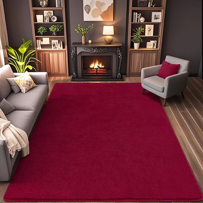 4x6 Area Rugs for Living Room Non Slip Dorm Bedroom Rug, Wine Red | Modern Area - Image 2