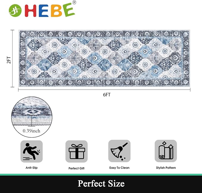 HEBE Hallway Runner Rug 2'x6', Washable Non Slip Kitchen Rug Runner | Soft Boho - Image 2
