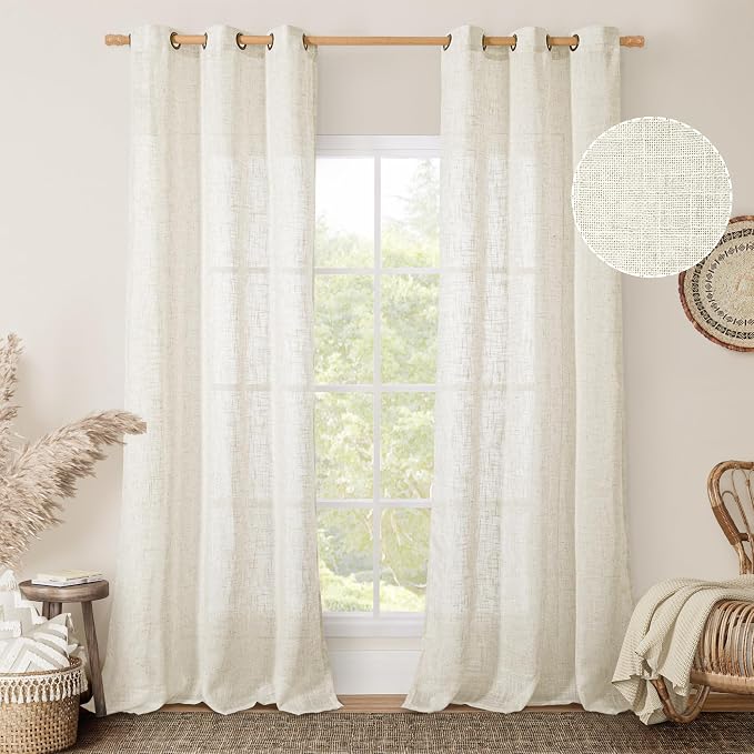 38 Inch Width Semi Sheer Linen Curtains 2 Panels, Cream Ivory Light Filtering by LAMIT