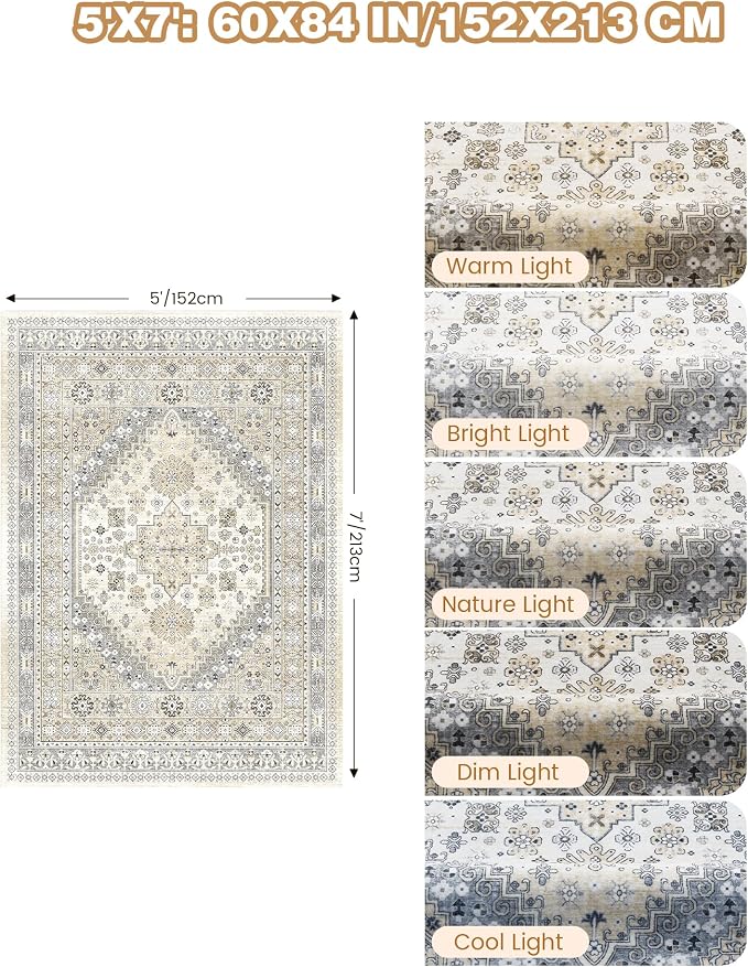 Area Rugs 5x7 Washable Rugs for Living Room, Ultra-Thin Soft Floral Vintage - Image 2