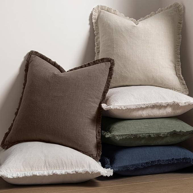 MIULEE Linen Fringe Decorative Fall Euro Pillow Covers Reddish Brown 24x24 | - Image 5