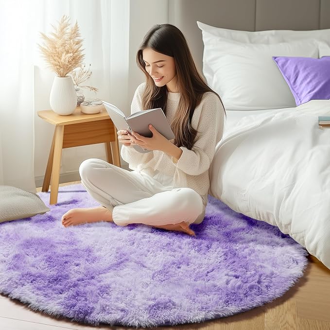 Tie-Dyed Purple Round Area Rug 4ft, Soft Bedroom Circle Rugs Floor Mats - Image 6