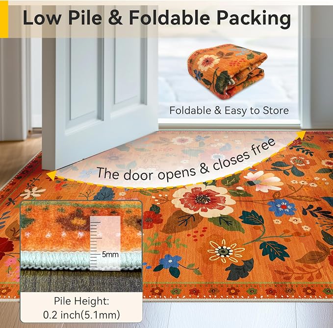 RELEANY Floral Washable 5x7 Area Rugs BurntOrange | Flower Carpet Print Boho - Image 3