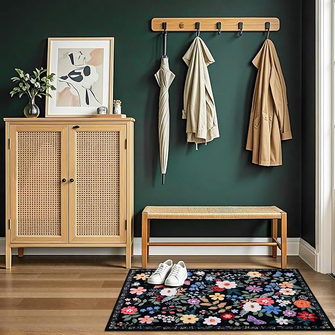 PLHXFR 2x3 Small Entryway Rug: Floral Washable Indoor Soft Carpet Black | - Image 5