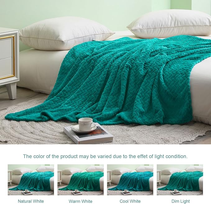 Exclusivo Mezcla Fleece Twin Size Blanket for Bed, 90x66 Inches Soft Cozy Jacquard Flannel Blankets, Lightweight Fuzzy Plush Warm for Winter, Teal