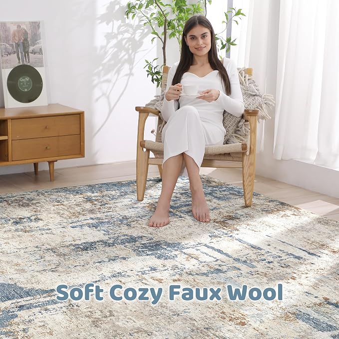 LOONGRUG Area Rug 5x7 Washable Neutral Modern Living Room Rugs Blue Tan | - Image 3