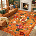 RELEANY Floral Washable 9x12 Area Rugs BurntOrange | Flower Carpet Print Boho by RELEANY