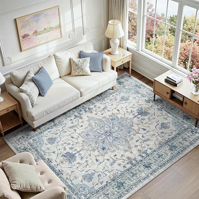 RELEANY Washable Area Rug, Water Repellent, Pet Friendly, Vintage Floral Boho by RELEANY