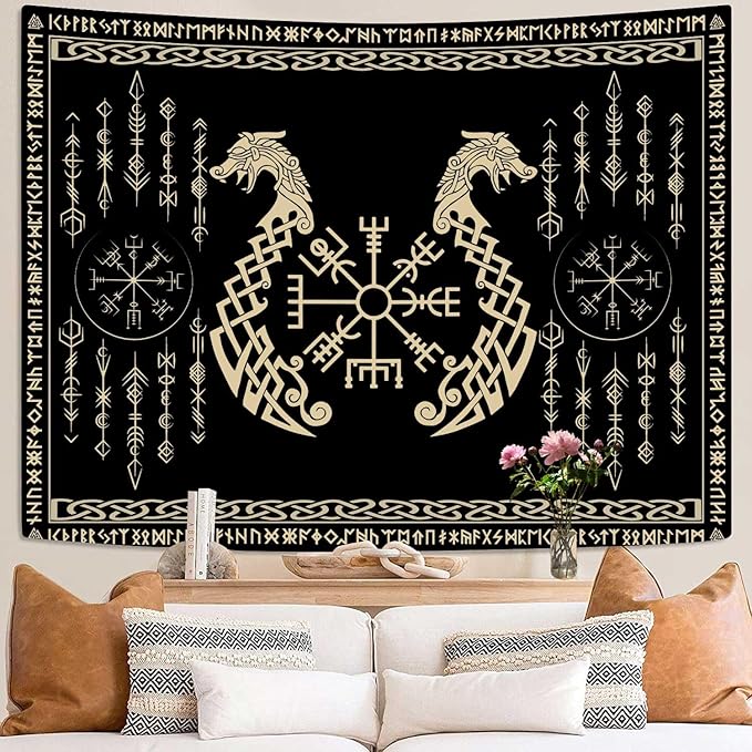 OSUNBD Viking Dragon Tapestry Ancient Rune Dragon Totem Norse Mythology Wall Art Tapestries Black Mystical Geometric Norse Mythology Tapestry Large Size 78.7”x59.1” for Bedroom Living Room Dorm
