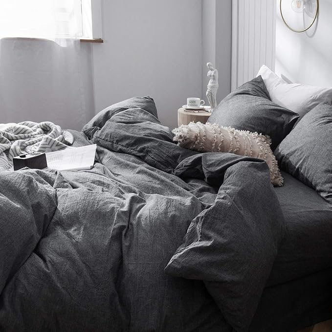 MooMee Bedding Duvet Cover Set 100% Washed Cotton Linen Like Textured Breathable Durable Soft Comfy (Heathered Dark Grey, Alaska King 132"x120")