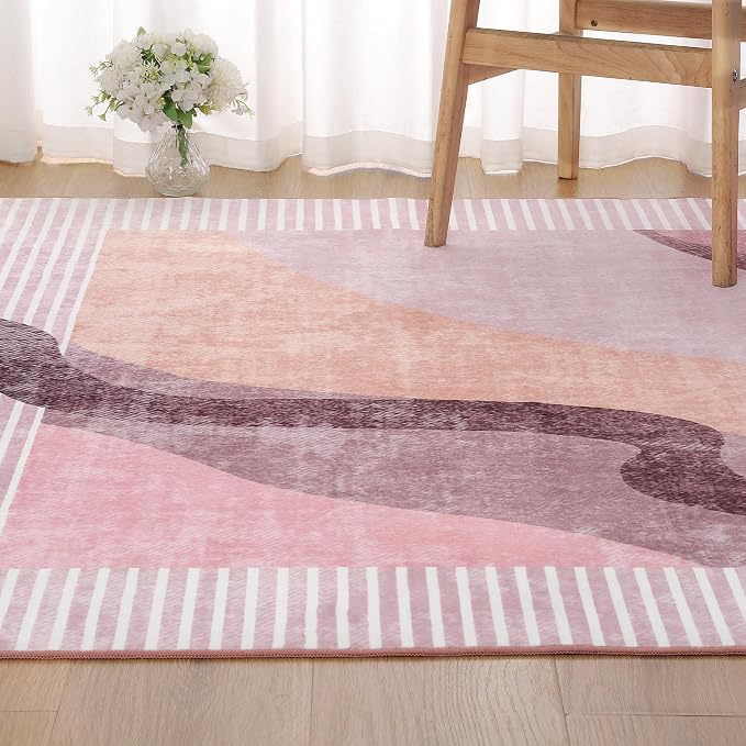 Ompaa Living Room Rug 5x8 Pink Area Rug Machine Washable Rug Non Slip Indoor - Image 2