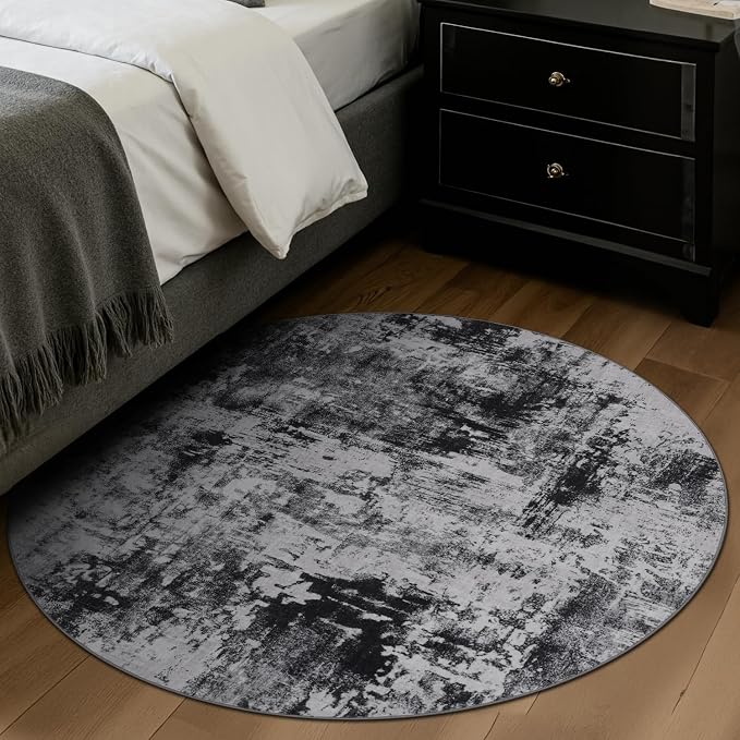 Rugflix Round Area Rugs 4Ft for Living Room, Washable Black Grey Circle Rug | - Image 3