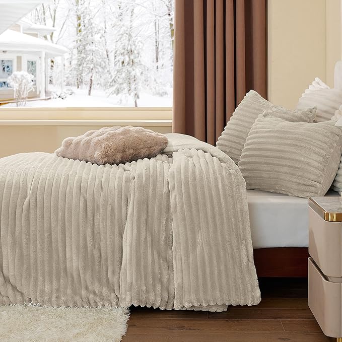BEDELITE Fleece King Comforter Set -Super Soft & Warm Fluffy Linen Bedding, Luxury Fuzzy Heavy Bed Set for Winter with 2 Pillow Cases