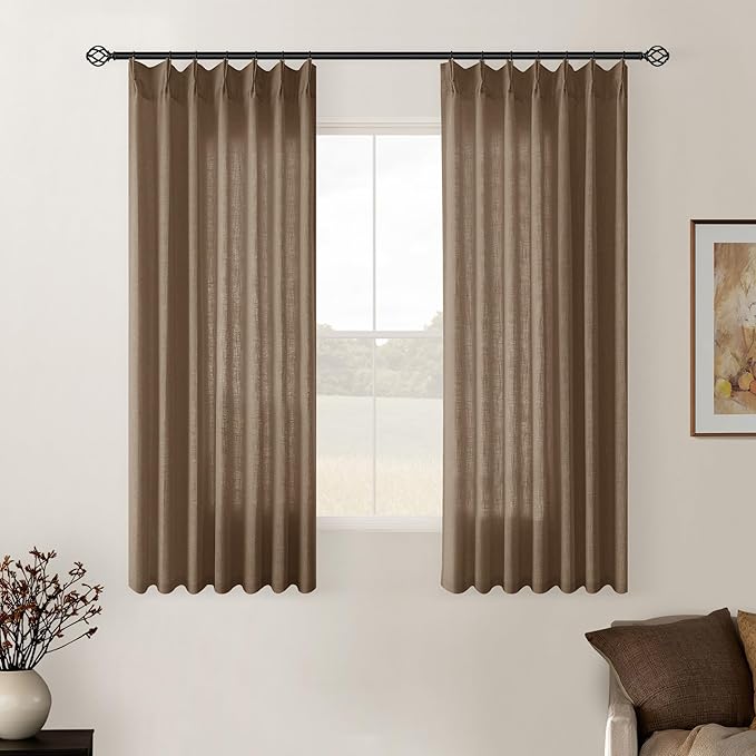 Dutch Cocoa Pinch Pleated Linen Semi Sheer Curtains 45 Inch Length 2 Panels | by Twodrapes
