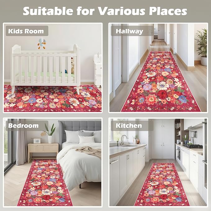 Red Hallway Runner Rug 2x6 for Bedroom Kitchen | Rubber Backing; Non Slip; - Image 4