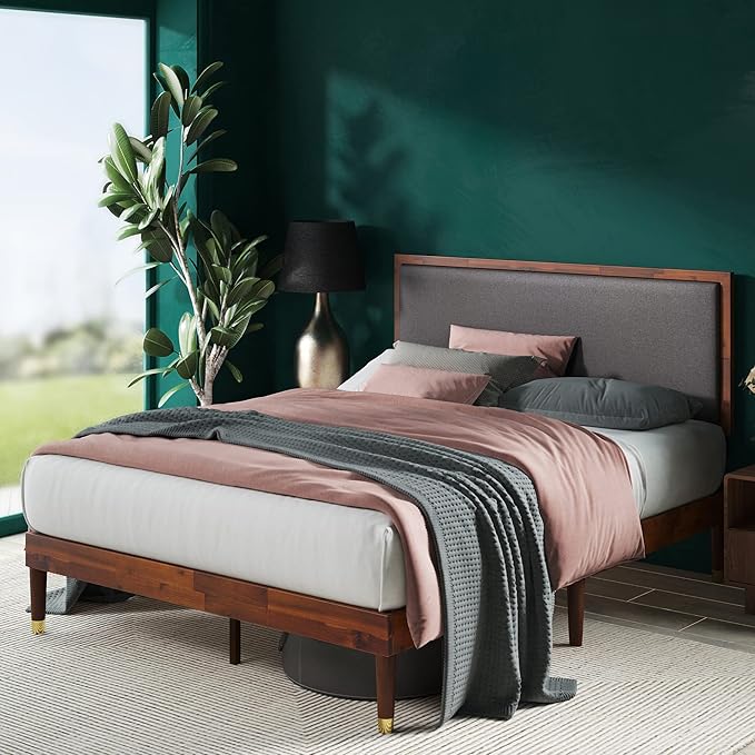 ZINUS Raymond Wood Platform Bed Frame with Adjustable Upholstered Headboard, Solid Wood Foundation, Wood Slat Support, No Box Spring Needed, Easy Assembly, King