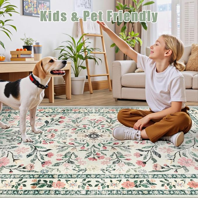 PLHXFR Area Rug 9x12 Living Room: Floral Washable Boho Carpet Green Beige | - Image 7