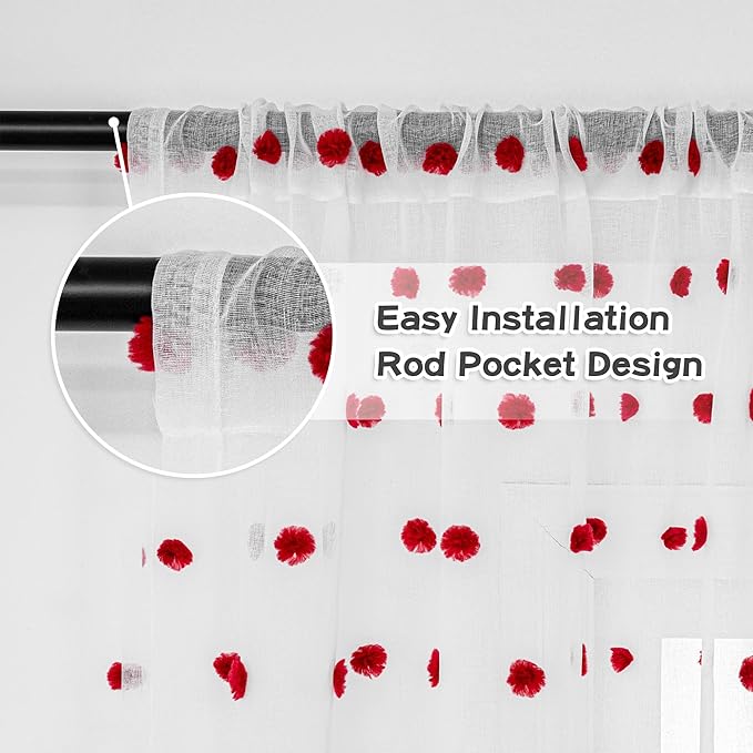MYSKY HOME Short Curtains for Bedroom 54 Inches Long Merry Christmas Red Pom Pom White Sheer Curtains Kitchen Bathroom Nursery Boys Kids Room Rod Pocket 2 Pieces Small Window 52" x 54"