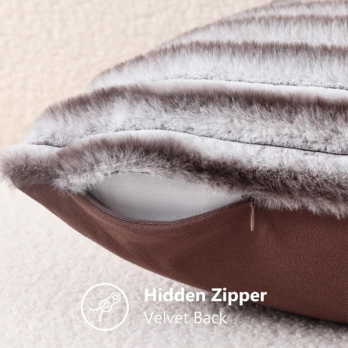 decorUhome Fall Faux Fur Throw Pillow Covers 16x16 Set of 2 Brown White | - Image 8