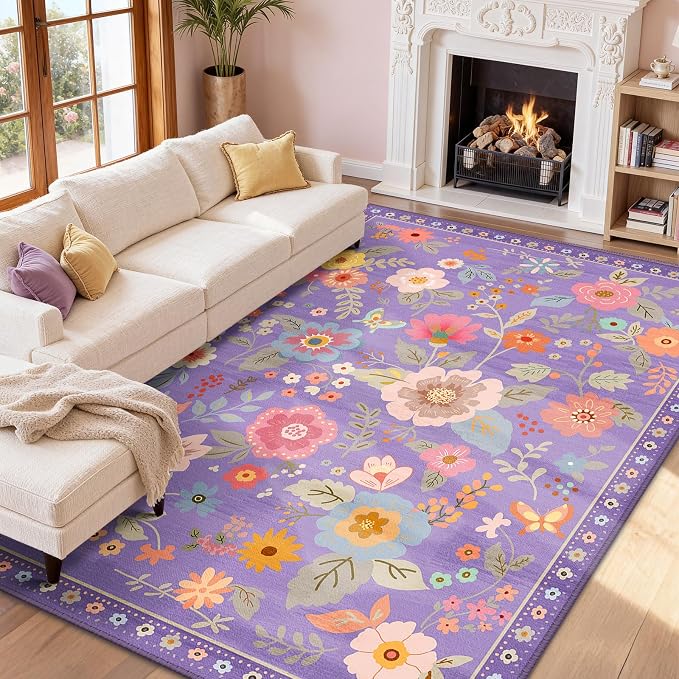 RELEANY Floral Washable 9x12 Area Rugs Purple/Pink | Flower Carpet Print Boho - Image 9