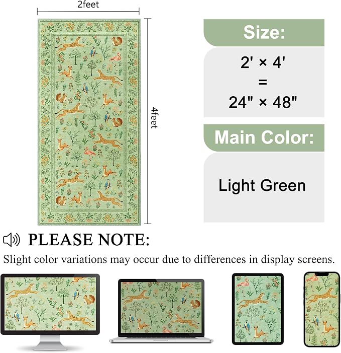 DUKINO 2x4 Rug for Entryway, Animal Washable Rug for Kitchen, Light Green | Non - Image 2