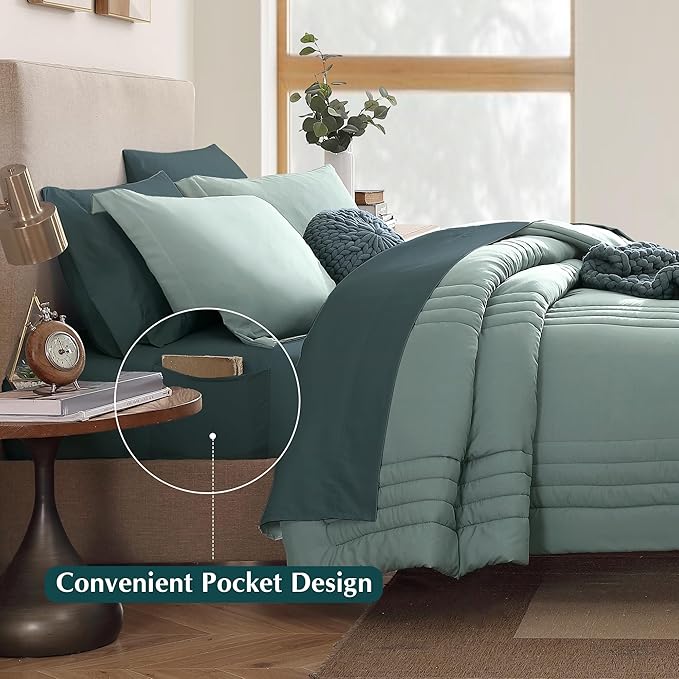 Monbix Oversized Queen Comforter Set - 7 Pieces Sage Green Bed in a Bag Queen Bedding Sets with Comforters, All Seasons Down Alternative Comforter Bed Set with Sheets,Pillowcases & Shams