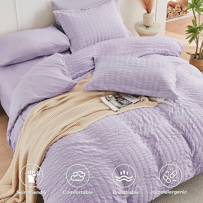 HYMOKEGE Lavender King Size Comforter Set Seersucker 7 Pieces, All Season Luxury Bed in a Bag for Bedroom, Bedding Set with Comforters, Sheets, Pillowcases & Shams