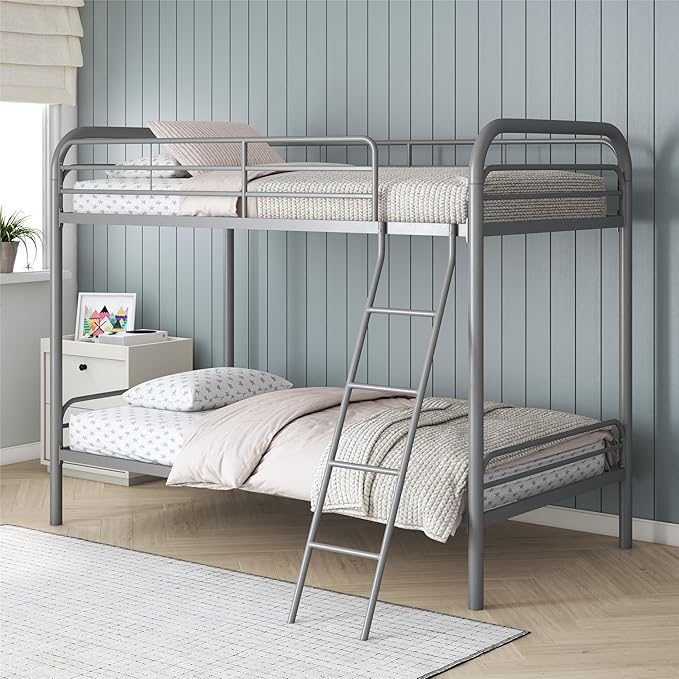 DHP Twin-Over-Twin Bunk Bed with Metal Frame and Ladder, Space-Saving Design, Silver Twin/Twin